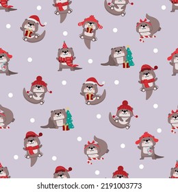 Cute otter in red costume for Christmas holidays and gift seamless pattern and background. Animal wildlife in winter cartoon character set. -Vector