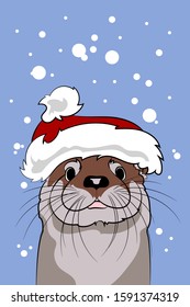 Cute otter in a red Santa hat on blue background. Vector illustration