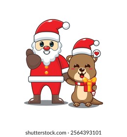 Cute otter with santa claus cartoon vector illustration. 
Cartoon vector illustration in Christmas day.