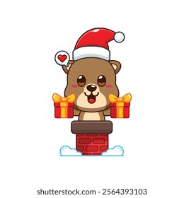 Cute otter with santa hat holding Christmas gift box in the chimney.
Cartoon vector illustration in Christmas day.