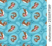 Cute otter seamless pattern. Funny marine animals. Swimming fauna character. Mascot holds fish in paws. Water swim for fishing. Cartoon beaver with love heart. Garish