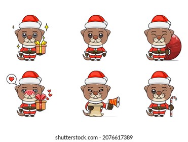 cute otter set, animal character bundles in santa costumes, animals wearing christmas costumes. cartoon in kawaii style, chibi mascot. very suitable for Christmas content. for adult or child