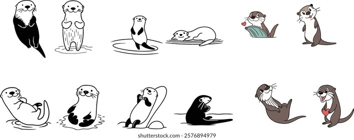 Cute otter set, funny animal character in various poses vector Illustration on a white background design