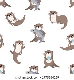 Cute otter, shellfish and fish seamless pattern. Animal wildlife cartoon character background.