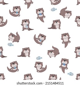 Cute otter, shellfish and fish seamless pattern. Animal wildlife cartoon character background.