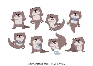 Cute otter, shellfish and fish vector. Happy animal wildlife cartoon character set.