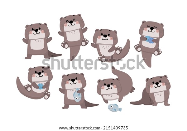 Cute otter, shellfish and fish vector.\
Happy animal wildlife cartoon character\
set.