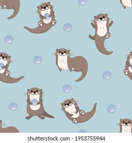 Cute otter and shellfish seamless pattern. Animal wildlife cartoon character background.