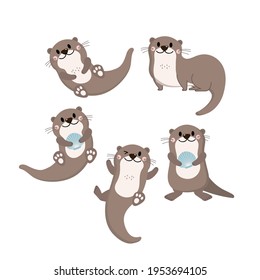 Cute otter and shellfish vector. Happy animal wildlife cartoon character set.