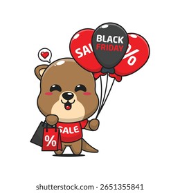cute otter with shopping bag and balloon at black friday sale cartoon vector illustration