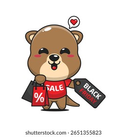 cute otter with shopping bag and black friday sale discount cartoon vector illustration	