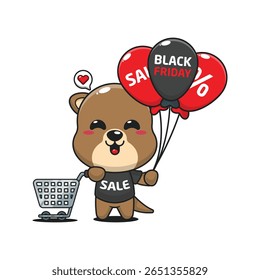 cute otter with shopping cart and balloon at black friday sale cartoon vector illustration