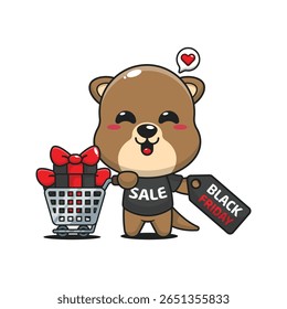 cute otter with shopping cart and discount coupon black friday sale cartoon vector illustration