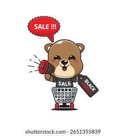 cute otter in shopping cart is promoting black friday sale with megaphone cartoon vector illustration