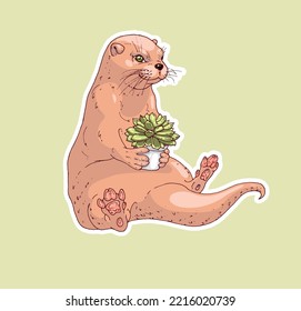 A cute otter sits with a succulent in its paws