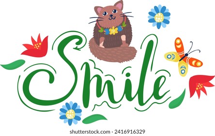 Cute otter sitting with flowers, hand-lettered word Smile with butterflies. Cheerful animal, playful nature scene vector illustration.