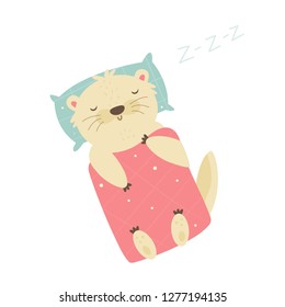 Cute otter sleeping on pillow under the blanket. Animal character vector illustration. Print design