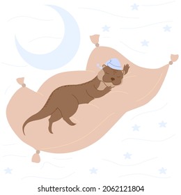Cute otter sleeping on pillow under the moon, vector illustration for children	