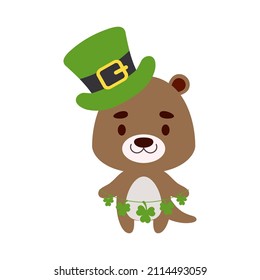 Cute otter in St. Patrick's Day leprechaun hat holds shamrocks. Irish holiday folklore theme. Cartoon design for cards, decor, shirt, invitation. Vector stock illustration.