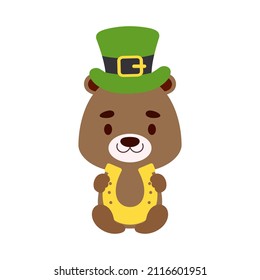 Cute otter St. Patrick's Day leprechaun hat holds horseshoe. Irish holiday folklore theme. Cartoon design for cards, decor, shirt, invitation. Vector stock illustration.