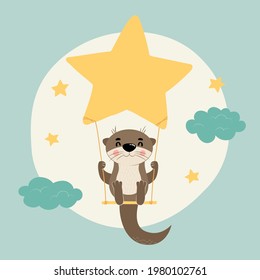 Cute otter with star swinging on swing. Cartoon vector illustration. Can be used for t-shirt print, kids wear fashion design, baby shower invitation card, nursery, kids room poster, wall art