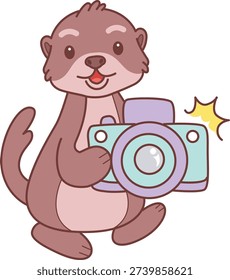 Cute Otter sticker icon. Funny Otter click the camera