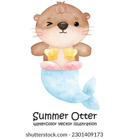 Cute Otter, Summer, Cute Animal, Pool Party, Watercolor, Vector, illustration