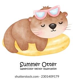 Cute Otter, Summer, Cute Animal, Pool Party, Watercolor, Vector, illustration