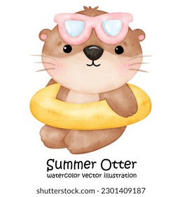 Cute Otter, Summer, Cute Animal, Pool Party, Watercolor, Vector, illustration