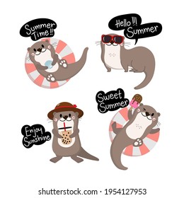 Cute otter in summer holidays. Happy animal wildlife with swim ring, sunglasses, ice-cream and bubble iced tea cartoon character set. -Vector