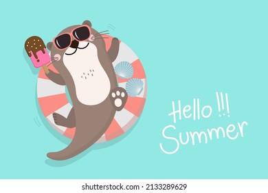 Cute otter in summer holidays. Happy animal wildlife with swim ring, sunglasses and ice-cream. Cartoon character in vacation. -Vector