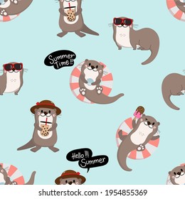 Cute otter in summer holidays seamless pattern. Happy animal wildlife with swim ring, sunglasses, ice-cream and bubble iced tea cartoon character set. -Vector