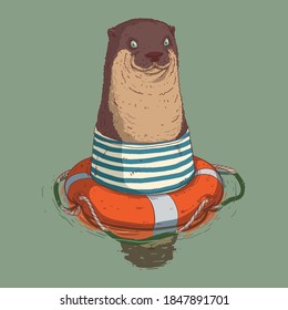 Cute otter swimming with life preserver