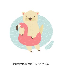 Cute otter swimming in a pool with a flamingo toy. Animal character vector illustration. Print design