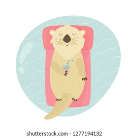 Cute otter swimming in a pool on air matrass. Animal character vector illustration. Print design