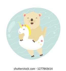 Cute otter swimming in a pool with a unicorn toy. Animal character vector illustration. Print design