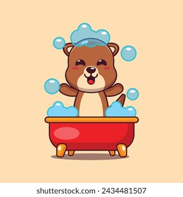 Cute otter taking bubble bath in bathtub cartoon vector illustration. 