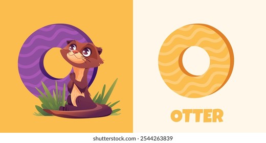 Cute Otter together with the letter O. Children's alphabet set. Educational card or poster, postcard for kids in kindergarten. Vector illustration