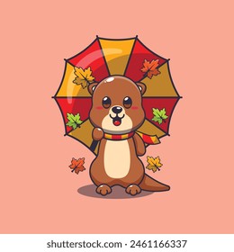 Cute otter with umbrella at autumn season. Mascot cartoon vector illustration suitable for poster, brochure, web, mascot, sticker, logo and icon.