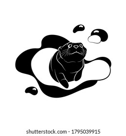 Cute otter under water. Graphic drawing. Black and white illustration.