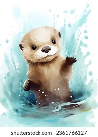 Cute otter in water vector illustration in watercolor style.