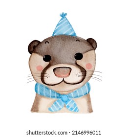 Cute otter watercolor vector. Happy animal with blue hat birthday party and scarf.