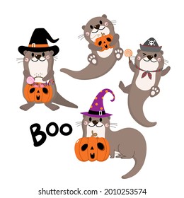 Cute otter wear halloween costume. Holidays cartoon character. Trick or treat vector.