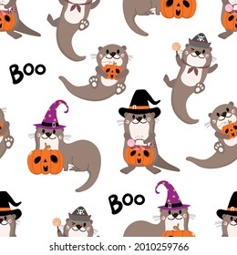 Cute otter wear halloween costume seamless pattern. Holidays cartoon character. Trick or treat wallpaper and background. -Vector