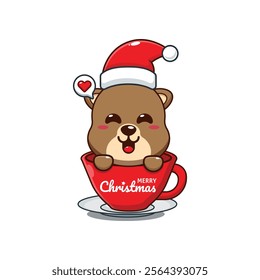 Cute otter wearing Santa Claus hat in cup cartoon vector illustration.
Cartoon vector illustration in Christmas day.