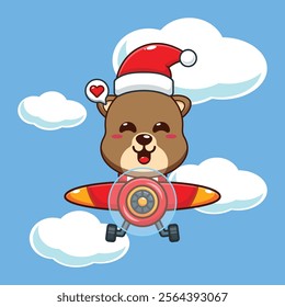 Cute otter wearing santa hat fly with plane. 
Cartoon vector illustration in Christmas day.