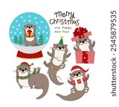 Cute otter in winter costume for Christmas holidays and gift. Animal wildlife in xmas cartoon character set. -Vector