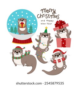 Linda nutria en disfraz de invierno para vacaciones de Navidades y regalo. Animales salvajes en el juego de personajes de dibujos animados de Navidad. -Vector