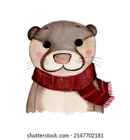 Cute otter in winter holidays watercolor vector. Happy animal with red scarf in Christmas party.