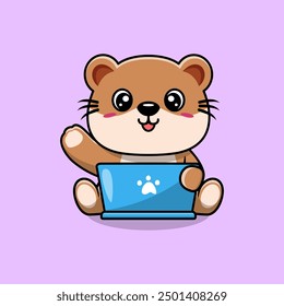 Cute otter working on laptop cartoon vector illustration animal technology icon concept